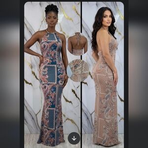 Paisley Halter Hulter Maxi Dress - Blue Spandex Material